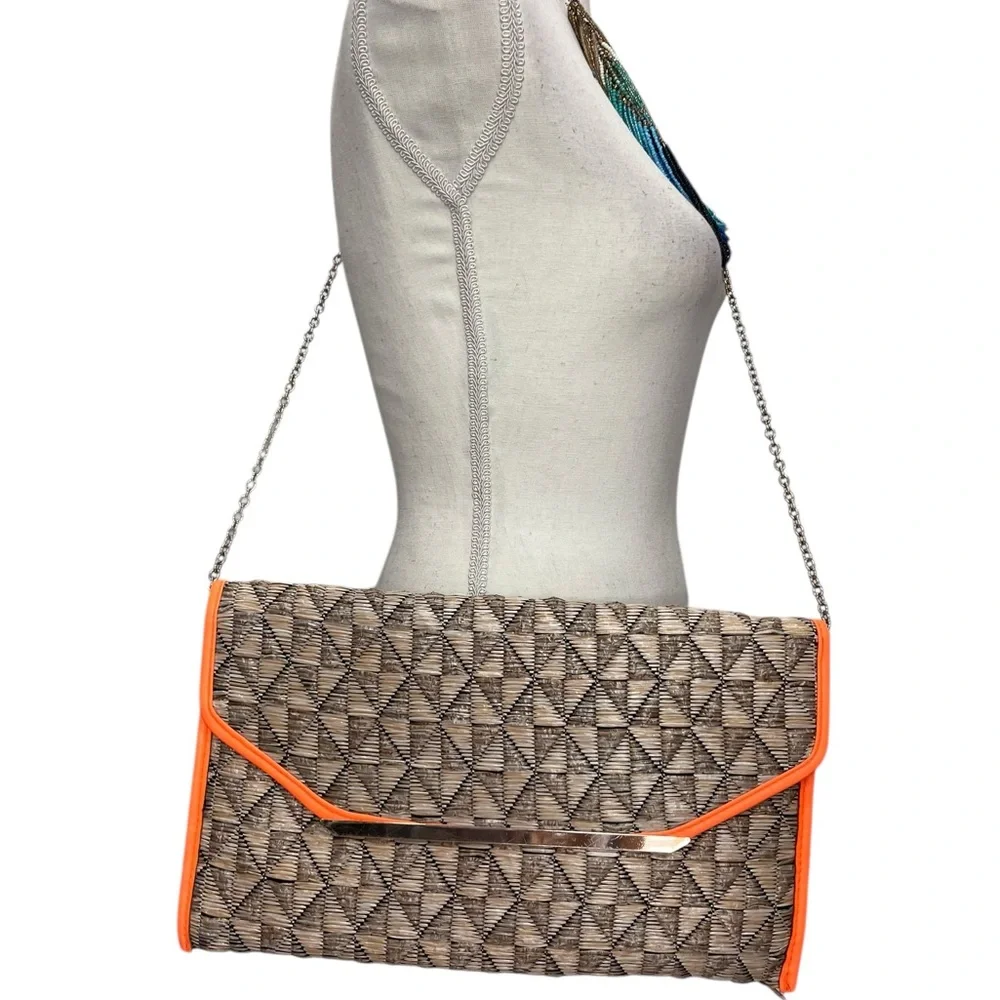 The Limited Woven Straw Clutch Crossbody Bag Orange Trim Boho Resort
